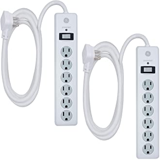 GE, White, 6 Outlet Surge Protector 2 Pack, 10 Ft Extension Cord, Power Strip, 800 Joules, Flat Plug, Twist-to-Close…